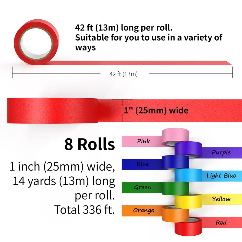CHIYUNS Colored Masking Tape 8 Rolls  1 inch Wide x 14 Yards Long  Craft Color Painters Colorful Art Rainbow Labeling Tapes Marking Tape for Kids Crafts Moving Classroom  8 Colors - Image 2